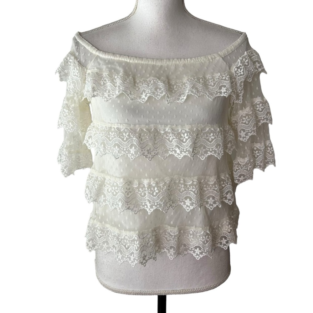 Express Tiered Lace Off Shoulder Boho Cottagecore Summer‎ Top SZ Small Ivory